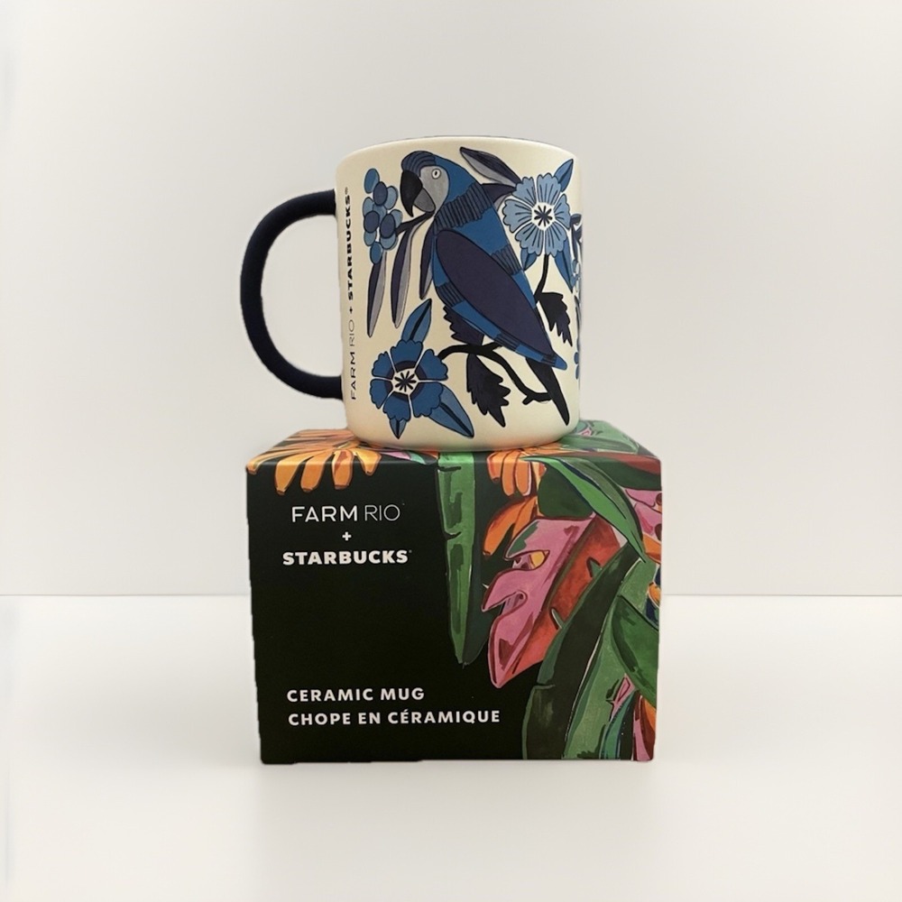 New NIB Farm Rio + Starbucks Lenco Azulejo White Blue 14 oz Coffee Mug
